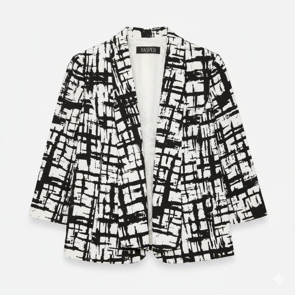 Kasper Monochrome Grid Pattern Blazer - Black & White Geometric - Size 10